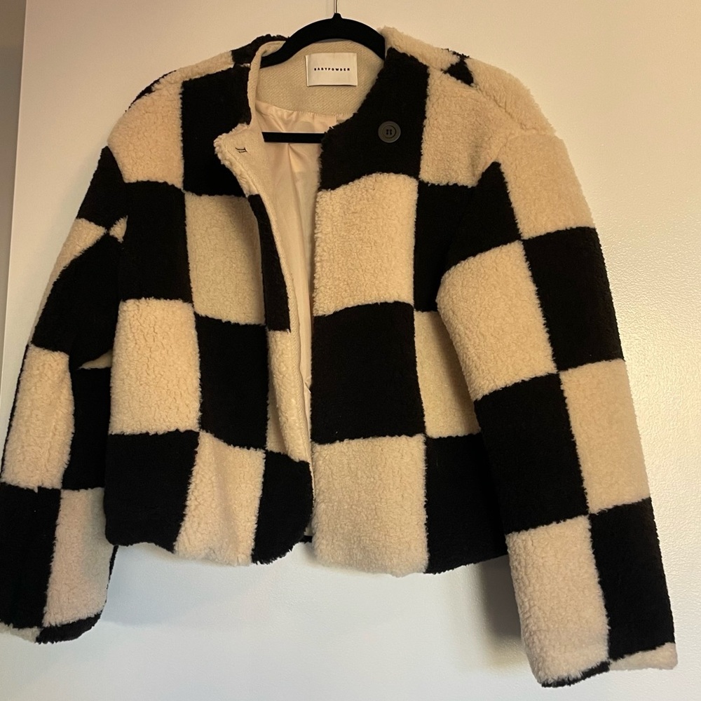 Collarless Checked Shearling Jacket, Black - image 3